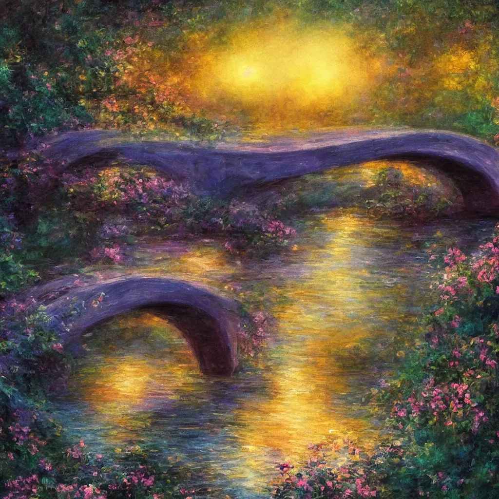 Prompt: fairyland bridge, outside of time and space, dreamy, romantic, dusk, expressive impressionist style, highly detailed, 8 k