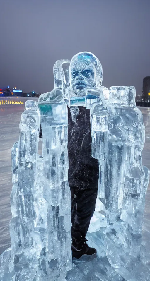 Image similar to dramatic photo, full body statue of rapper'ice cube'frozen in ice at harbin ice festival, full body, wide angle photo, award winning, aurora borealis