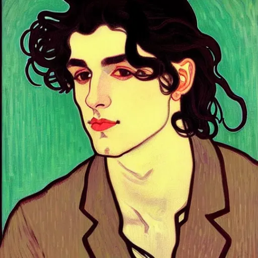 Prompt: painting of handsome beautiful dark medium wavy hair man in his 2 0 s named shadow taehyung at the cucumber and banana soup party, elegant, clear, painting, stylized, delicate, soft facial features, softness, gorgeous, art, art by alphonse mucha, vincent van gogh, egon schiele