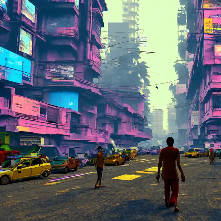 Prompt: streets of mumbai in 2 0 7 0, cyberpunk, futuristic, high fidelity, uncompressed png