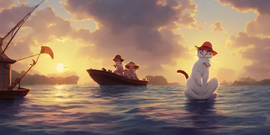 Prompt: a wholesome animation key shot of a cute cat on a fishing boat wearing a sunhat, studio ghibli, pixar and disney animation, sharp, rendered in unreal engine 5, anime key art by greg rutkowski, tim hildebrandt, bloom, dramatic lighting