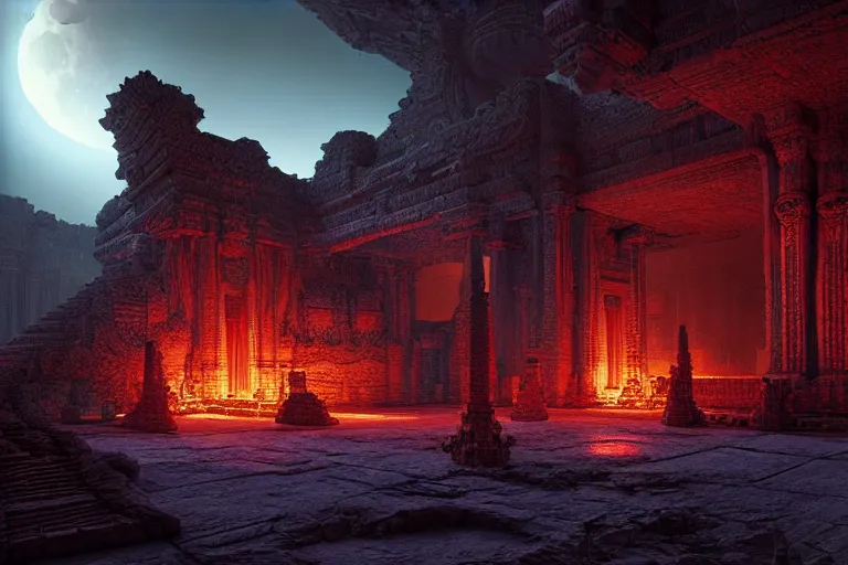 Image similar to beautiful hyperrealistic hyperdetailed epic hdr 3 d render by octane of the mysterious intricate ruins of a temple from an advanced alien starwars civilization under the crescent moon with rimlight with rivers of molten lava by alejandro burdisio and george ines, dramatic lighting