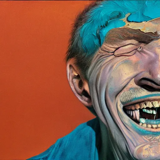 Image similar to high quality high detail painting of a man with large teeth by lucian freud and zdzisław beksinski and francis bacon, hd, smiling man, turquoise and orange