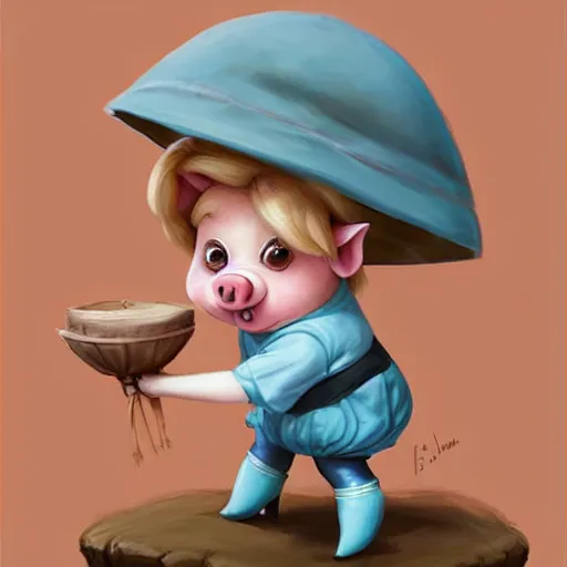 Image similar to cute little anthropomorphic funny female pig wearing shorts, a sunhat, boots and a pale blue shirt!! tiny!! fully clothed!!! small, short, cute and adorable, character art portrait, matte fantasy painting, deviantart artstation, by jason felix by steve argyle by tyler jacobson by peter mohrbacher, cinema