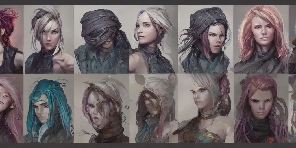 Prompt: concept art of rugged irish female netrunner d & d video game characters head designs, unique hair designs, by marc brunet and artgerm