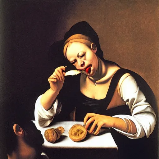 Prompt: woman eating a banana in style of caravaggio