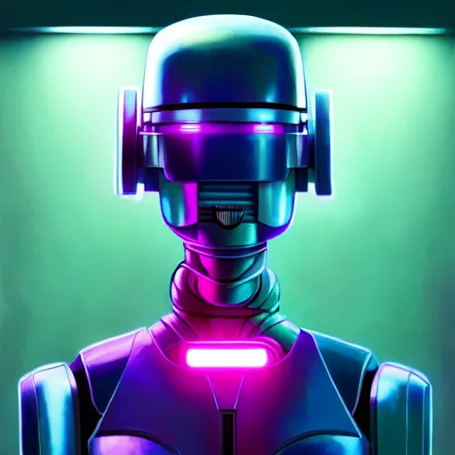 Image similar to highly detailed surreal neon robot android young christina hendricks, robocop, scream, stephen bliss, unreal engine, greg rutkowski, loish, rhads, beeple, makoto shinkai and lois van baarle, ilya kuvshinov, rossdraws, tom bagshaw, global illumination, detailed and intricate environment