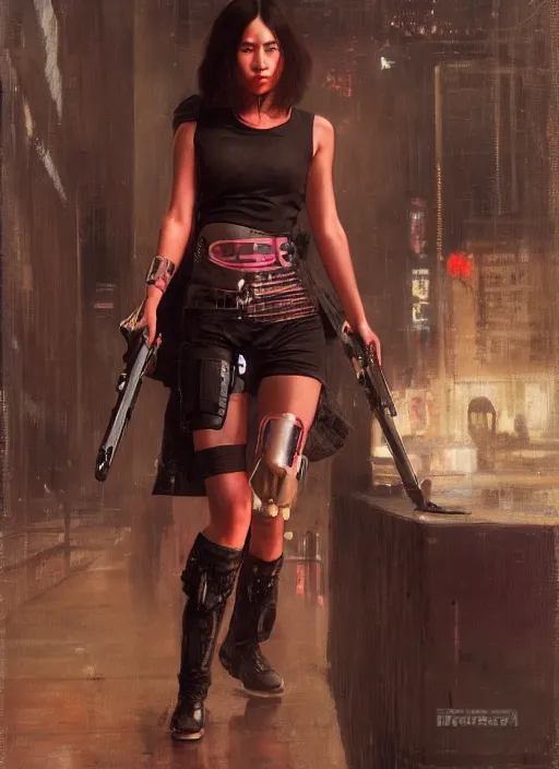 Image similar to Nikki Tanaka. Cyberpunk hitwoman in fashionable clothes (blade runner 2049, cyberpunk 2077). Orientalist portrait by john william waterhouse and James Gurney and Theodore Ralli and Nasreddine Dinet, oil on canvas. Cinematic, hyper realism, realistic proportions, dramatic lighting, high detail 4k