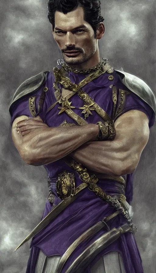 Prompt: david gandy, charming, in a town hall, rich viscount, laughing, fit, cunning, gold and purple, warhammer, lord of the rings, sweaty, intricate, highly detailed, digital painting, artstation, concept art, smooth, sharp focus, illustration, unreal engine 5, 8 k, art by artgerm and greg rutkowski and alphonse mucha