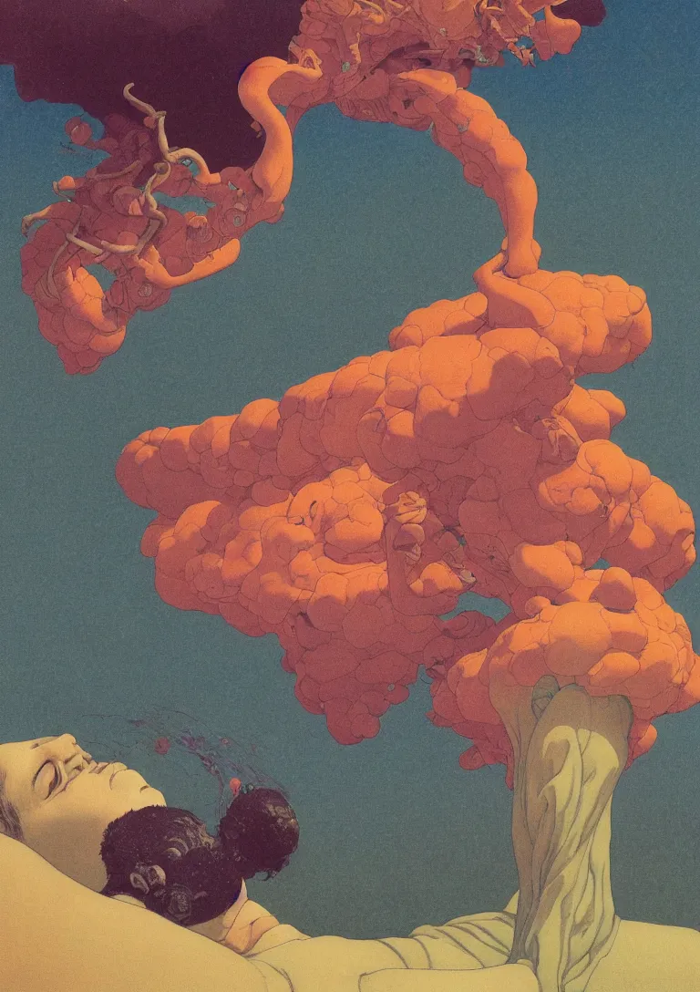 Prompt: a closeup portrait of a young man eating magic mushrooms and dreaming psychedelic hallucinations, by kawase hasui, moebius, Edward Hopper and James Gilleard, Zdzislaw Beksinski, Steven Outram colorful flat surreal design, hd, 8k, artstation