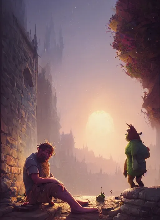 Prompt: Highly detailed portrait of homeless and beaten up Shrek, Stephen Bliss, unreal engine, fantasy art by Greg Rutkowski, Loish, Rhads, ferdinand knab, Makoto Shinkai and Lois van baarle, ilya kuvshinov, rossdraws, Tom Bagshaw, global illumination, radiant light, detailed and intricate environment