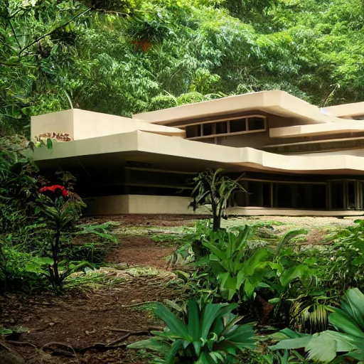 Image similar to a house designed by frank lloyd wright in the middle of the jungle,