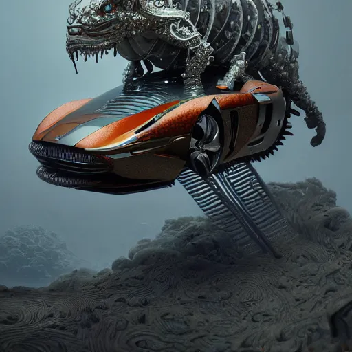 Image similar to cyborg supercar slick, animal : by michal karcz, daniel merriam, victo ngai and guillermo del toro : ornate, dynamic, particulate, intricate, elegant, highly detailed, centered, artstation, smooth, sharp focus, octane render