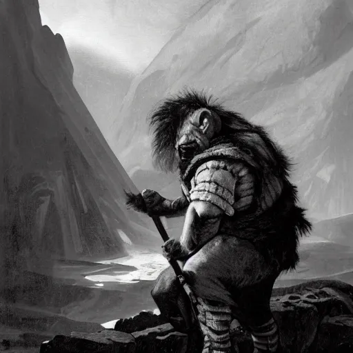 Prompt: ogre blacksmith portrait half body monochrome hard contrast hammer dialogue illustration dramatic kvlt by peder balke