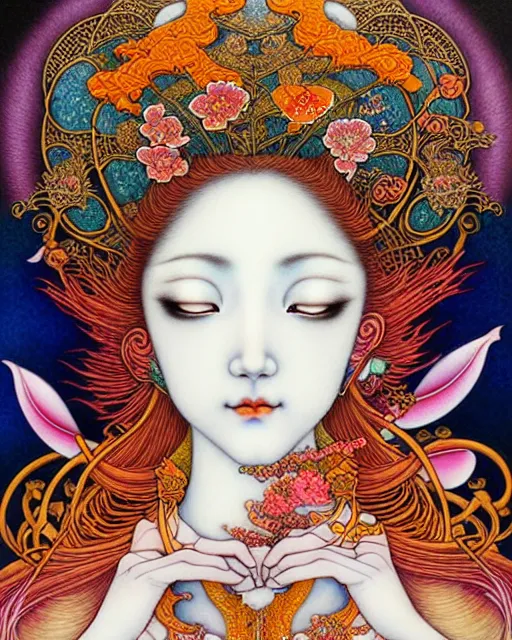 Prompt: beautiful and playful ethereal ginger hindu goddess, art nouveau, fantasy, intricate japanese flower designs, elegant, highly detailed, sharp focus, art by chie yoshii