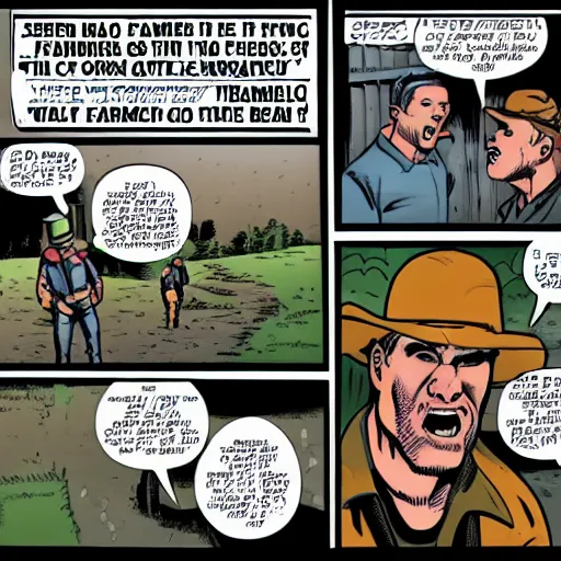 Prompt: comic book page of a farmer yelling, speech bubble with text