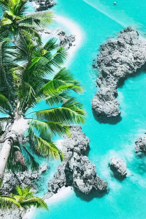 Prompt: close up aerial view of a beautiful tropical island, sparkling water, vaporwave, 9 0 s aesthetic, pop colors, bright, tropical aesthetic, beautiful lighting, faded effect, faded photograph, vintage aesthetic, grain, disposable camera,