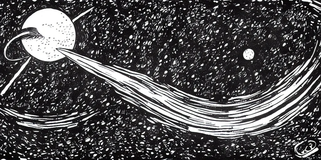 Image similar to ink lineart drawing of a shooting star towards a planet, comet, wide angle, seen from space, artstation, etchings, junji ito, chinese brush pen, illustration, high contrast, deep black tones contour