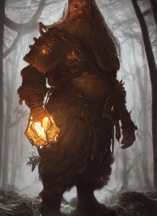 Image similar to Beautiful art portrait of a male fantasy dwarf in a dark temple surrounded by dead forest, atmospheric lighting, intricate detail, cgsociety, hyperrealistic, octane render, RPG portrait, ambient light, dynamic lighting