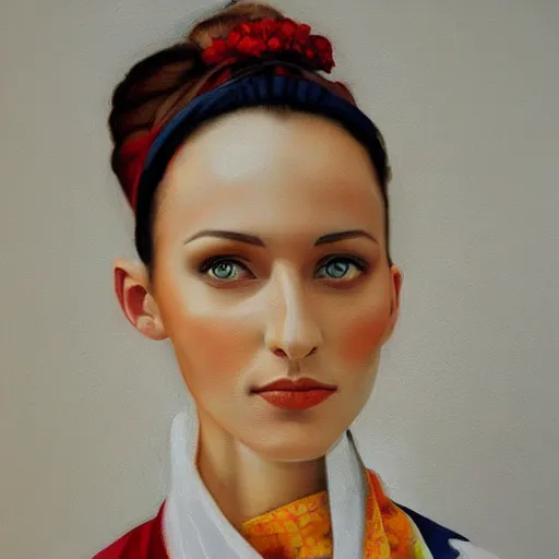 Image similar to hyperrealism oil painting, portrait of ukrainian model in traditional vyshyvanka shirt
