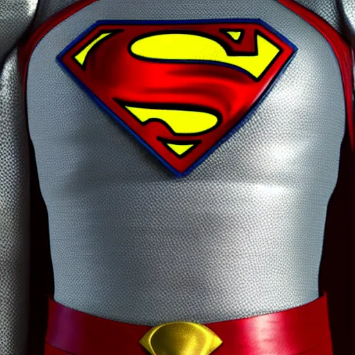 Prompt: Superman in a silver armor with a black and red logo on the chest