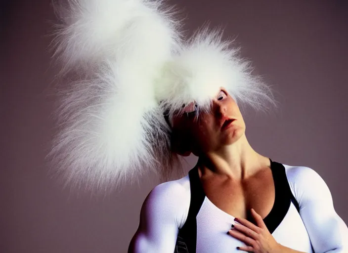 Image similar to realistic photo of the woman gymnast sports team white cotton fluffy bird white carnival costumes shorts, fluffy pigeon head face portrait, wood in autumn, grey dusk sky with black clouds 1 9 9 0, life magazine reportage photo,