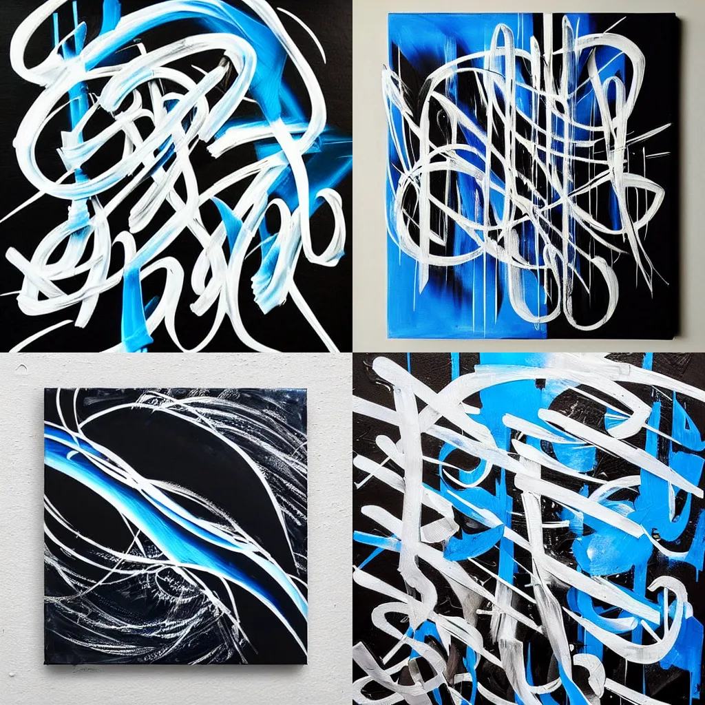 Prompt: “modern calligraphy art, blue paint, black paint and black Canvas, metal, caligrafiturism style, multi-layered artworks, abstract, oil paint, nitro paint, spray paint, Acrylic paint, high quality, 4k”