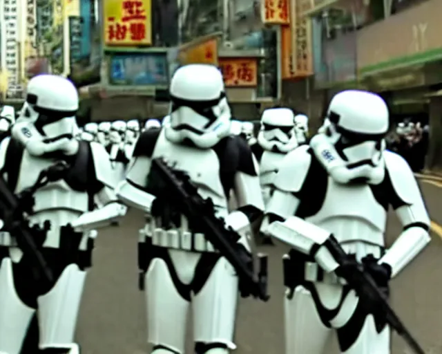 Prompt: cctv footage of stormtroopers executing a night raid in hong kong, grainy, fish eye lens, green night vision, cdx