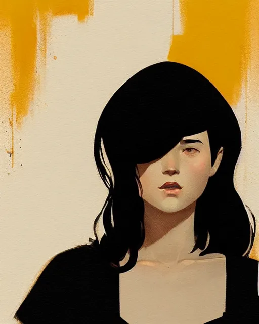Image similar to cottagecore hyper - realistic portrait of a woman in black sleeveless t - shirt, black hair, by atey ghailan, by greg rutkowski, by greg tocchini, by james gilleard, by joe fenton, by kaethe butcher, dynamic lighting, gradient light yellow, brown, blonde cream and white color scheme, grunge aesthetic