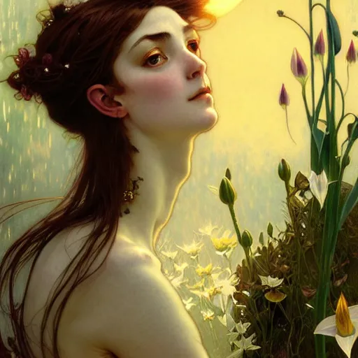 Image similar to A portrait of a fairy blessing moon lillies, fantasy, intricate, elegant, highly detailed, digital painting, artstation, concept art, smooth, sharp focus, illustration, art by Krenz Cushart and Artem Demura and Alphonse Mucha