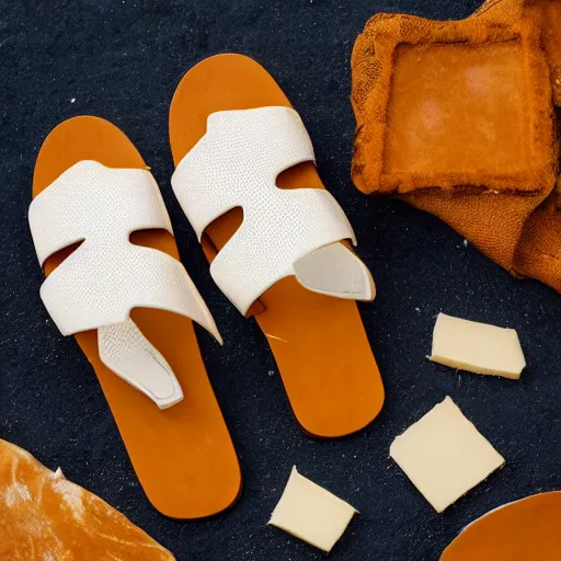 Image similar to high quality photo of sandals made of swiss cheese, realism, 8k, award winning photo