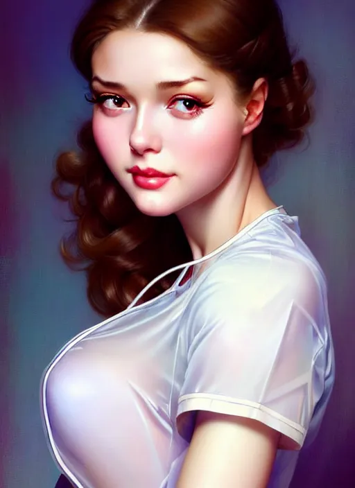 Prompt: glamorous and sexy nurse in transparent blouse, beautiful, pearlescent skin, natural beauty, seductive eyes and face, elegant girl, natural beauty, very detailed face, seductive lady, full body portrait, natural lights, photorealism, summer vibrancy, cinematic, a portrait by artgerm, rossdraws, Norman Rockwell, magali villeneuve, Gil Elvgren, Alberto Vargas, Earl Moran, Enoch Bolles