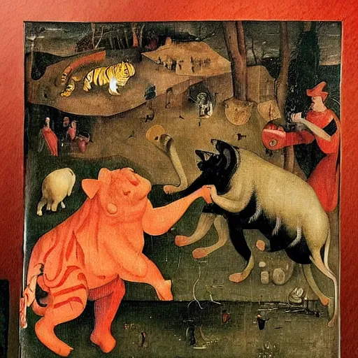 Image similar to in a dream world, a tiger tries to close an important deal, a pig tries to prevent the success of the deal, in the style of victor stabin, afro, cagli and hieronymus bosch, epic composition, insanely quality, only with red and crimson colors, masterpiece