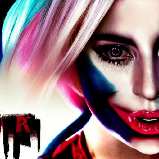 Prompt: awe inspiring photorealistic movie poster featuring Lady Gaga as Harley Quinn 4k hdr amazing lighting