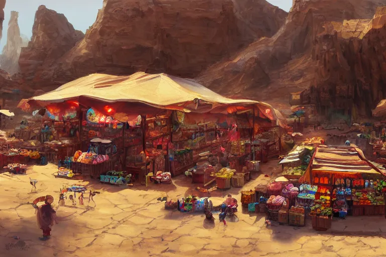 Prompt: a beautiful painting of a desert market, Feng Zhu, digital art, artstation