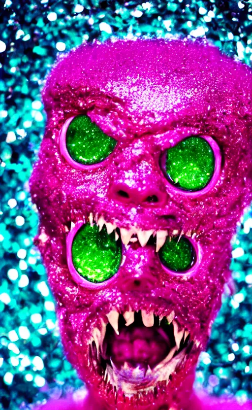 Image similar to face portrait cute saturated pink scary eerie happy ugly creature monster with sparkles and glitter photo 4k