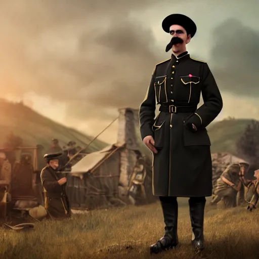 Prompt: fullbody of a man with handlebar moustache, wearing ww 1 clothes in black beret, russian villages at background, style ivan talavera and artgerm, radiant lighting, hyper realistic, photorealistic, octane render, trending on artstation, cgsociety, cinematic light, global illumination
