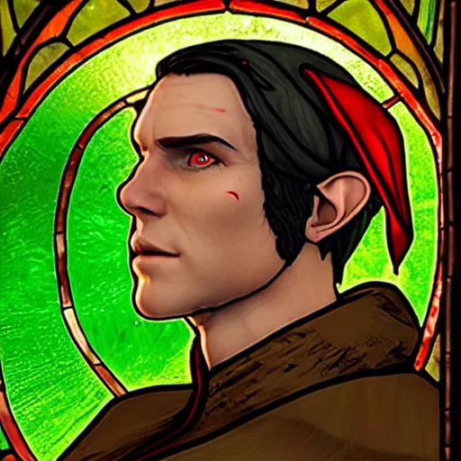 Prompt: detailed side - view portrait of the elf iorveth from the witcher 2, green coat, red bandana, tenth century stained glass window, very masterful