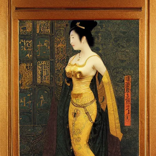 Image similar to a queen in a gold dress, ancient, japanese art, oil painting, otomo, amano, bouguereau, gustave moreau