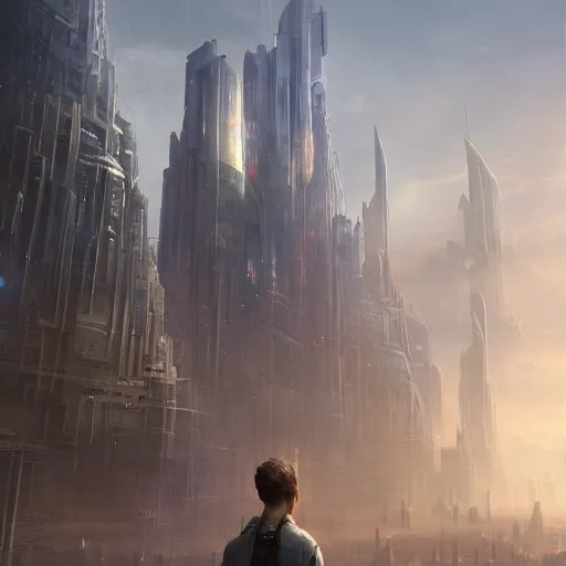 Image similar to a man standing in front of a futuristic city, a detailed matte painting by senior environment artist, cgsociety, fantasy art, steampunk, dystopian art, matte painting