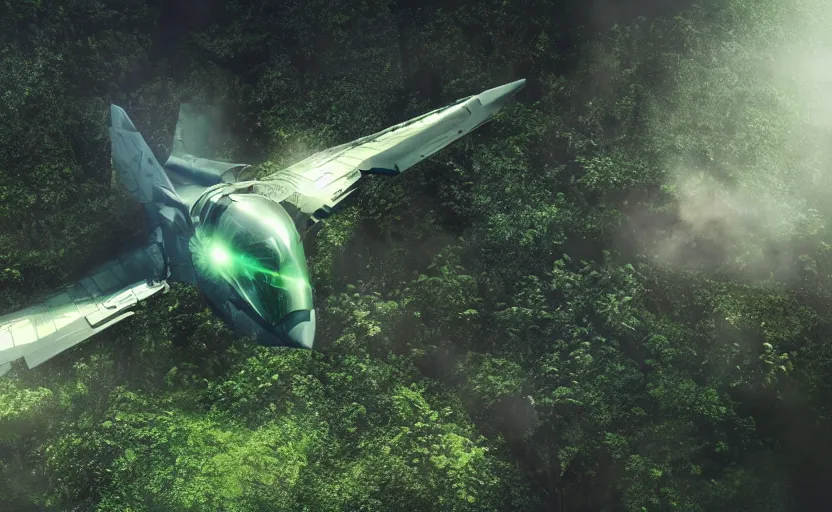 Image similar to photo of sci - fi fighter landing on jungle complex, ultra detailed, movie frame, cinematical composition, 4 k, breaking bad