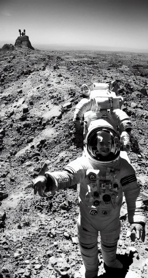 Image similar to astronaut taking a selfie with jesus christ at golgotha, mountain of skulls in background, realistic old photo, coal dust, lomo