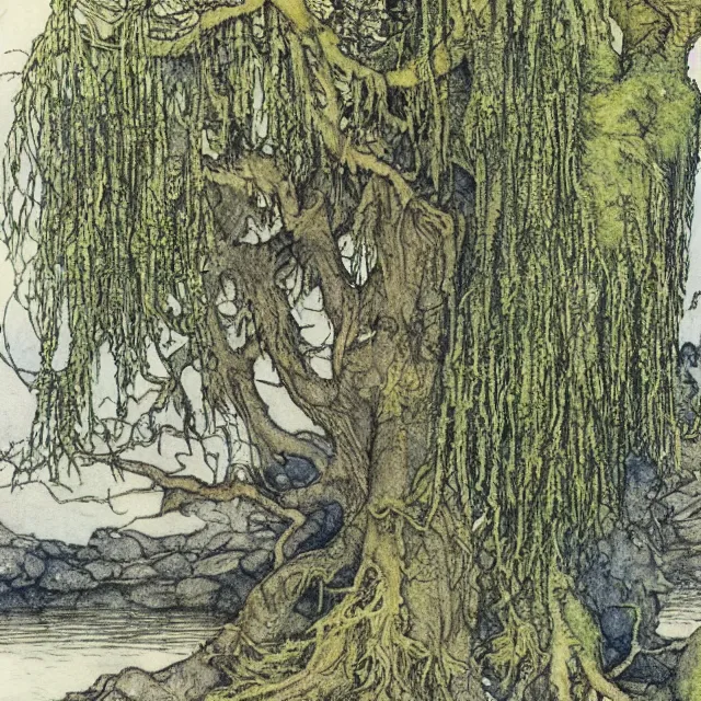 Image similar to a detailed, intricate watercolor and ink illustration with fine lines, of a mossy willow tree by a river, by arthur rackham and edmund dulac and ted nutall