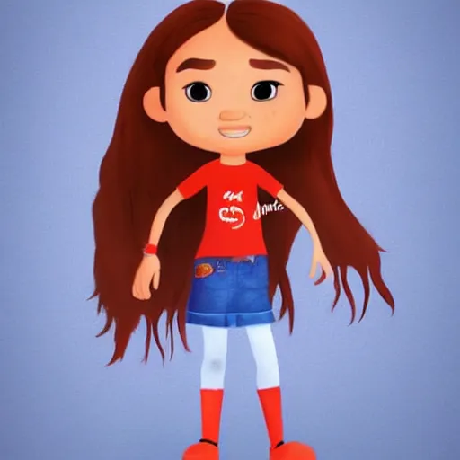 Prompt: Concept art of a 12yo cute indigenous little girl Pixar-style with a white t-shirt with red sleeves and regular blue jeans with cool shoes, her hair and eyes are imbued with fire powers trending on artstation Even Amundsen