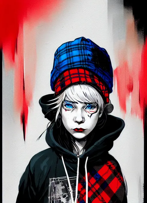 Image similar to highly detailed portrait of an new york sewer punk lady student, blue eyes, tartan hoody, hat, white hair by atey ghailan, by greg tocchini, by kaethe butcher, by james gilleard, gradient red, black, brown, cream and white color scheme, grunge aesthetic!!! ( ( graffiti tag wall ) )