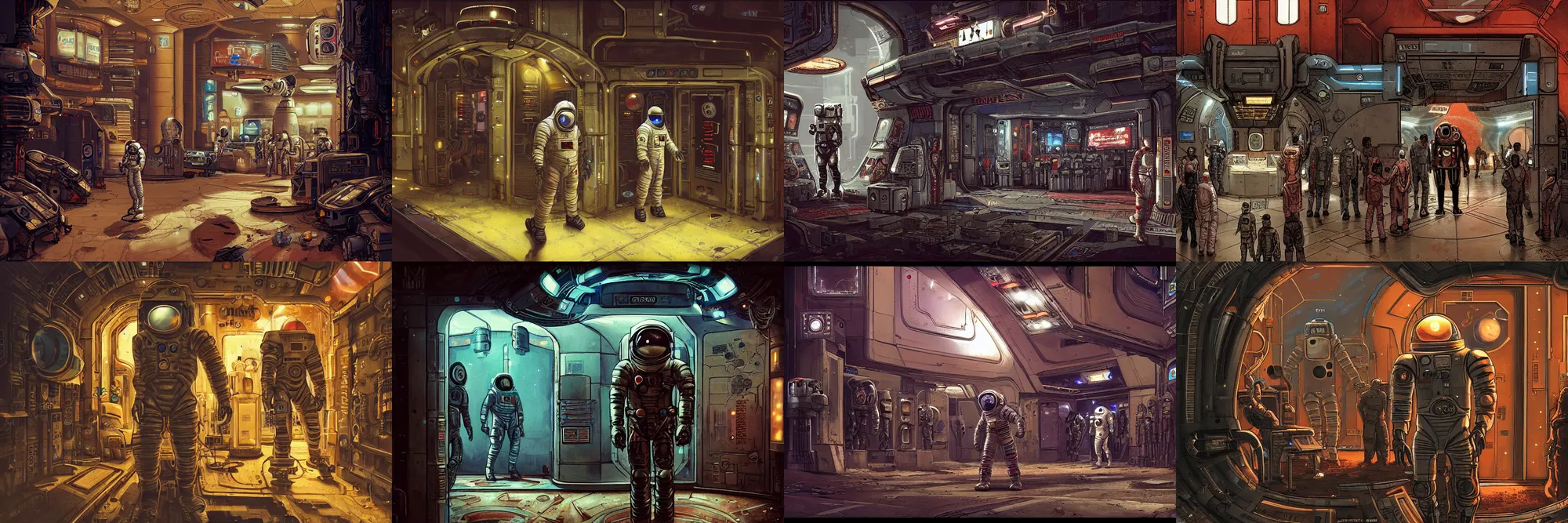 Prompt: an astronaut standing in the doorway to a bustling cyberpunk casino on mars, filled with people, robots, cyborgs, aliens, by enki bilal
