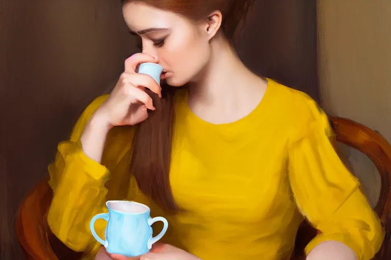 Prompt: a beautiful young woman sitting alone on a chair, she is wearing a yellow dress and holding a cup of tea in both hands, her hair is tied back and she is staring straight into the camera, digital art, oil on canvas, sharp focus, soft lightning, trending on artstation - h 7 6 8