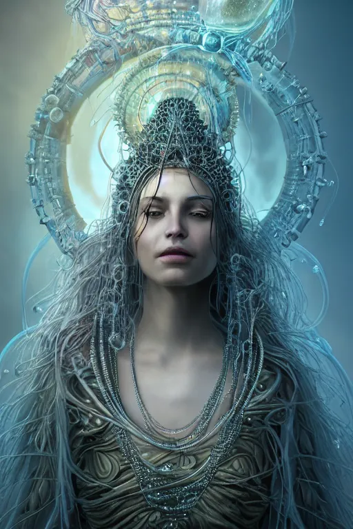 Image similar to a centered render of a wild post apocalyptic goddess with wearing ornate silver and gemstones and crystal clothing surrounded by flowing liquid gallium jellyfish and sacred geometry, perfect body and face, gorgeous, cinematic, beautifully lit, by tomasz alen kopera and peter mohrbacher, 3 d, trending on artstation, octane render, 8 k