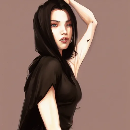 Prompt: portrait of cassandra cain wearing black nightgown, attractive, casual, modern, victoria's secret, highly detailed, digital painting, artstation, concept art, smooth, sharp focus, illustration, art by artgerm, greg rutkowski and alphonse mucha