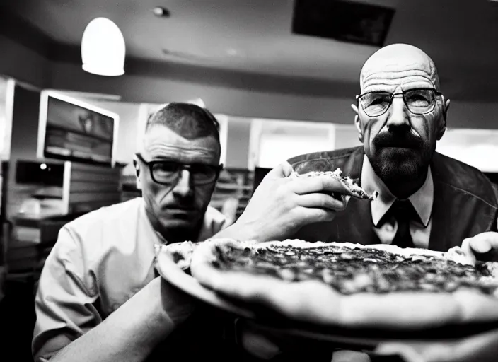 Image similar to cinematic portrait of walter white eating pizza at chuck - e - cheese, with sloppy cheesy sauce getting slopped up all over the place, dramatic lighting, moody film still from breaking bad ( 2 0 1 6 ), 3 5 mm kodak color stock, detailed face, 2 4 mm lens, directed by spike jonze, ecktochrome